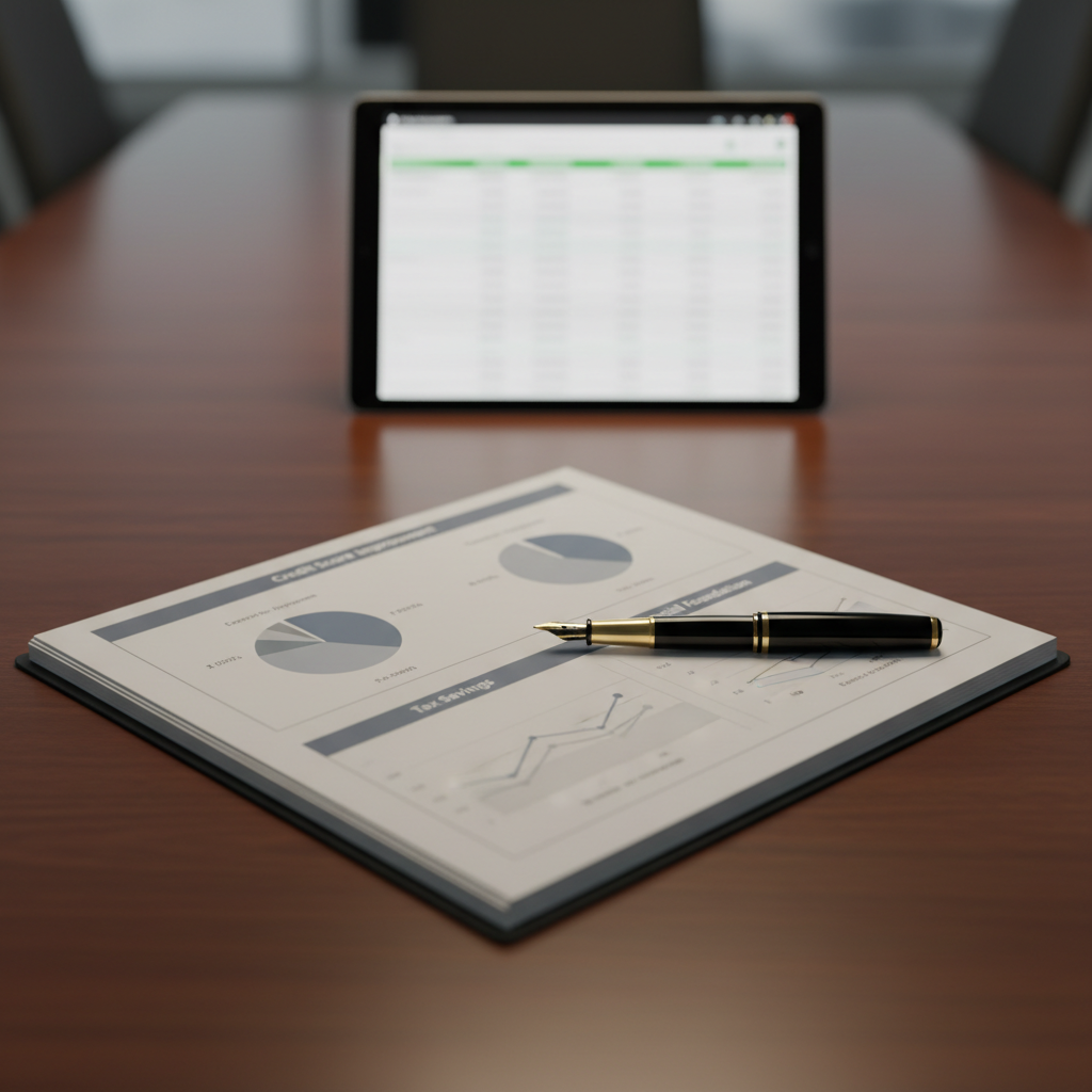 A close-up, photographic realism image of a polished dark wood conference table with a carefully arranged financial portfolio spread open at the center. The portfolio pages show tidy printed graphs, pie charts in muted blues and grays, and highlighted sections labeled “Credit Score Improvement,” “Tax Savings,” and “Financial Foundation.” A single elegant black fountain pen rests diagonally along the spine. In the background, softly blurred, a tablet propped upright shows a balance sheet with positive figures. Warm, indirect office lighting from above casts gentle, even illumination with soft shadows along the table grain. Shot at eye level with a shallow depth of field, the mood is calm, focused, and highly professional, evoking thoughtful analysis and reliable consulting support.
